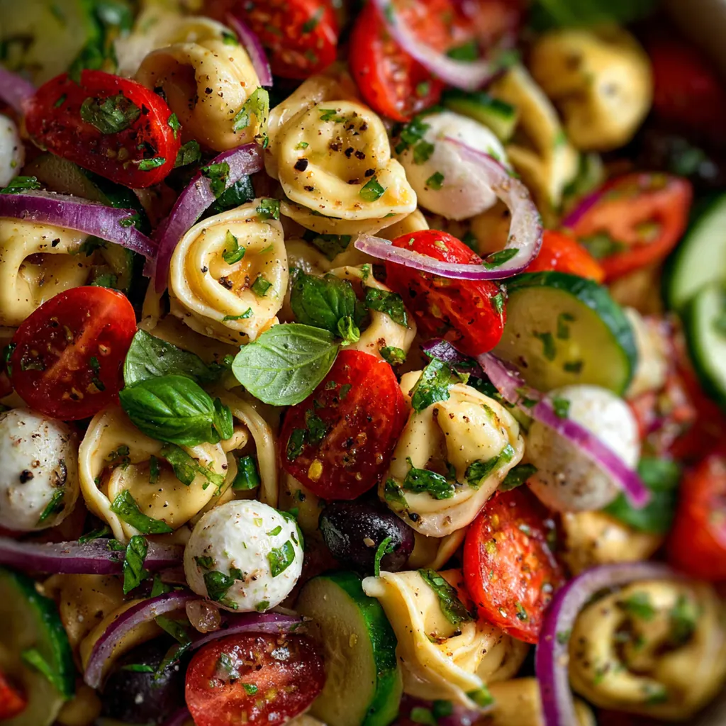A vibrant bowl of Italian Tortellini Pasta Salad featuring cheese-filled tortellini, cherry tomatoes, cucumber, and fresh basil