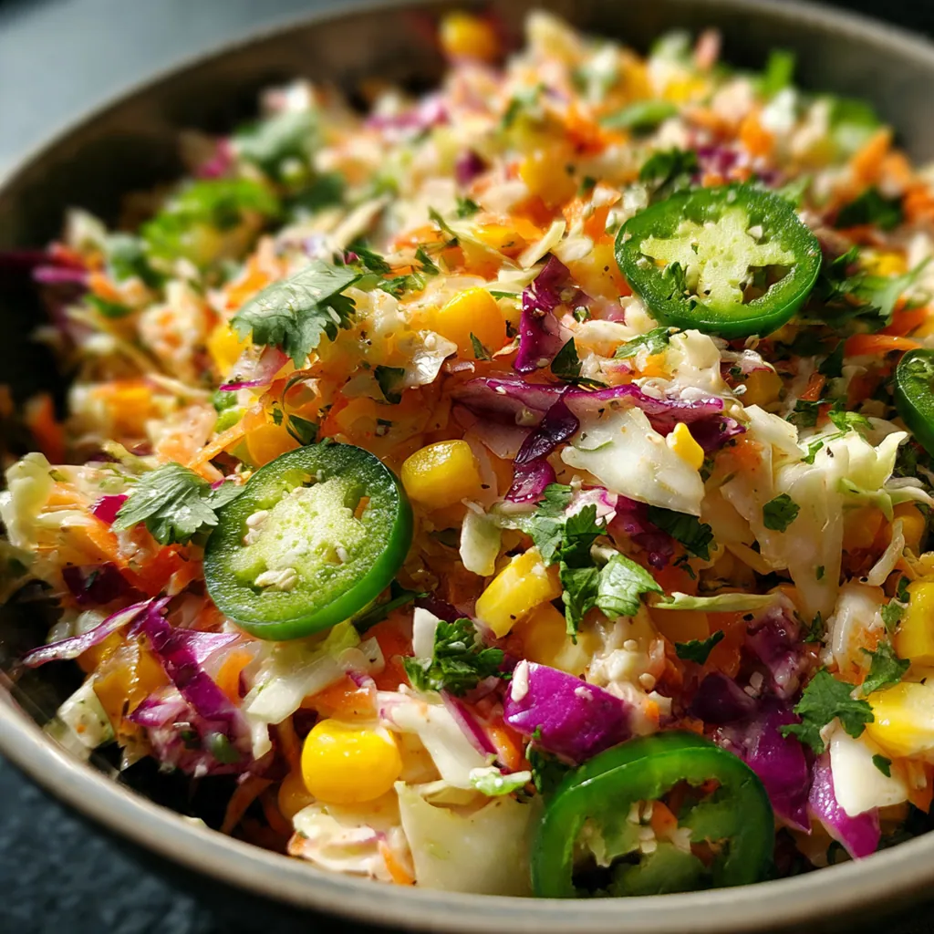Fresh Jalapeno Corn Coleslaw in a white bowl topped with crumbled bacon and sharp cheddar cheese