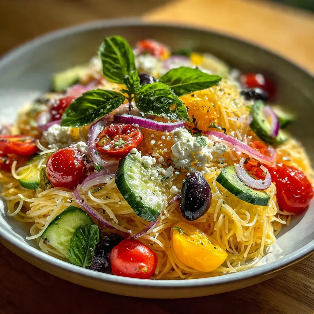 Angel hair pasta salad with cucumber ribbons, cherry tomatoes, olives and feta in a ceramic bowl