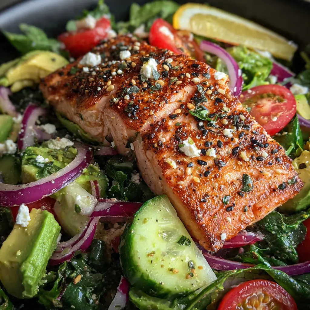 A beautiful bowl of flaked grilled salmon and diced avocado over mixed greens drizzled with lemon herb vinaigrette