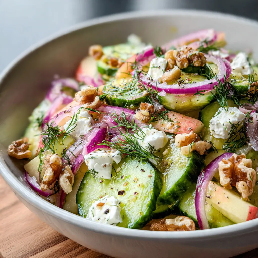 A vibrant bowl of cucumber apple salad with thinly sliced apples, cucumbers, and red onion tossed in a glossy vinaigrette