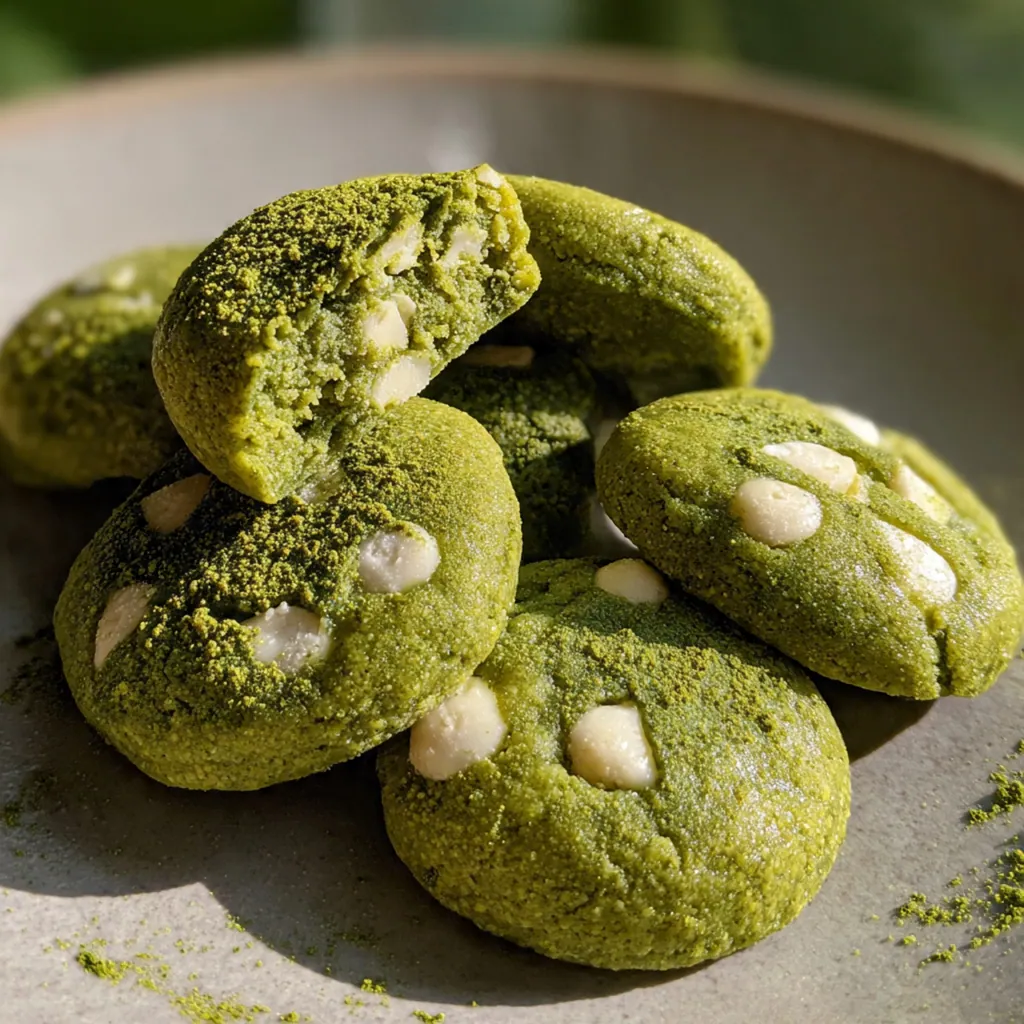 Chewy matcha mochi cookies with vibrant green hue and gooey marshmallow center on a baking sheet