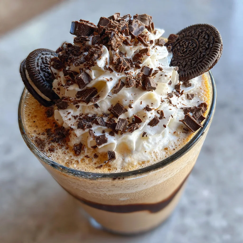 A creamy Cookies Cream Frappuccino Blend in a tall glass topped with whipped cream and cookie crumbs