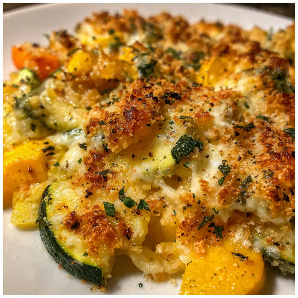 A golden brown Cheesy Zucchini Veggie Bake fresh from the oven in a ceramic dish