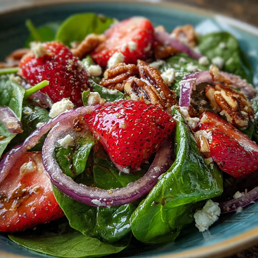 Fresh baby spinach salad topped with sliced strawberries, crumbled goat cheese, and toasted pecans