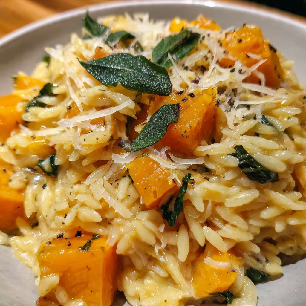 A rustic skillet of creamy orzo with roasted cubes of golden butternut squash and fresh sage leaves