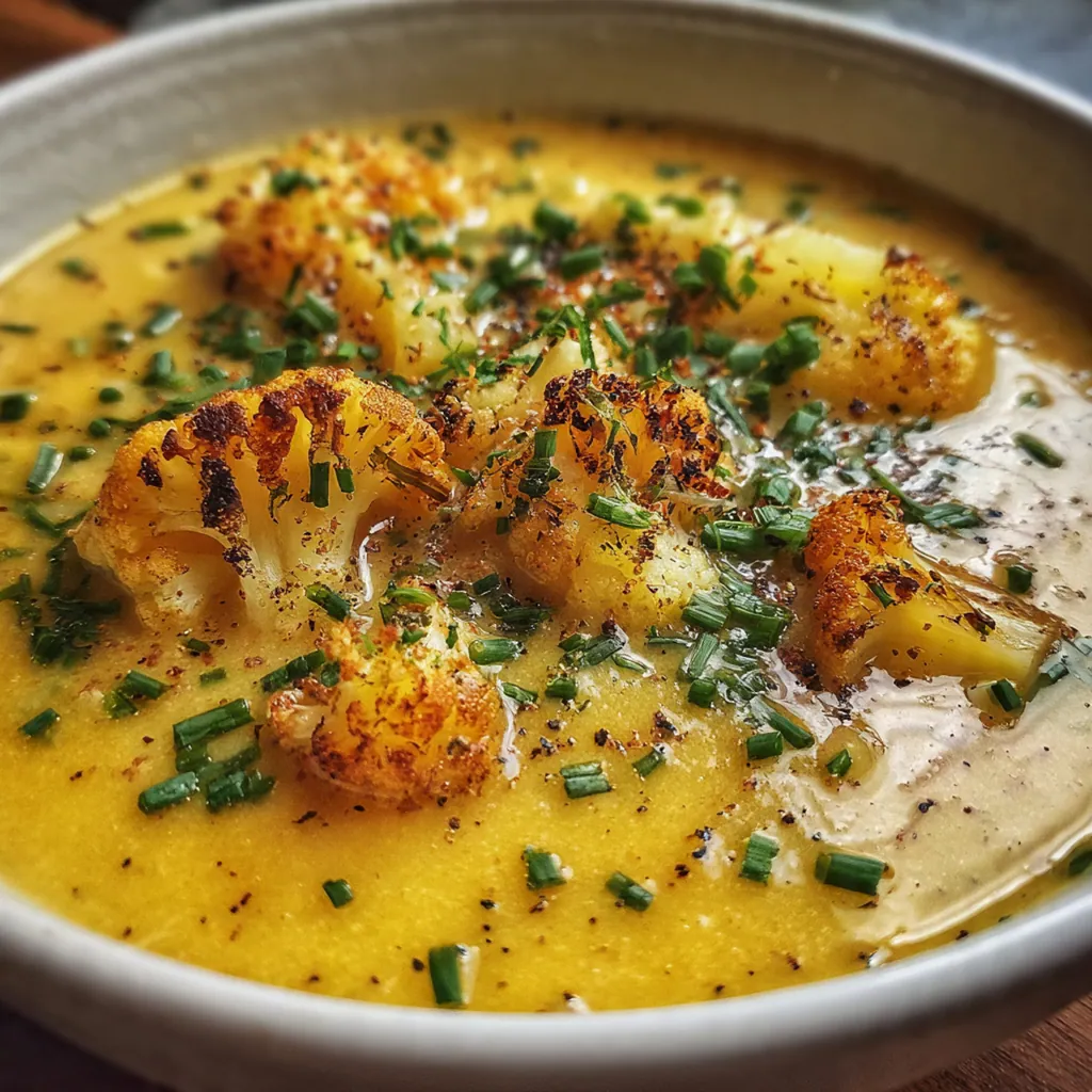 Creamy cheddar cauliflower garlic soup in a rustic bowl topped with melted cheese and fresh chives