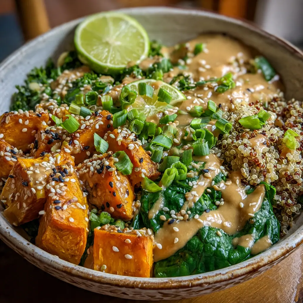 Roasted sweet potato cubes with golden caramelized edges resting on a bed of quinoa and colorful vegetables