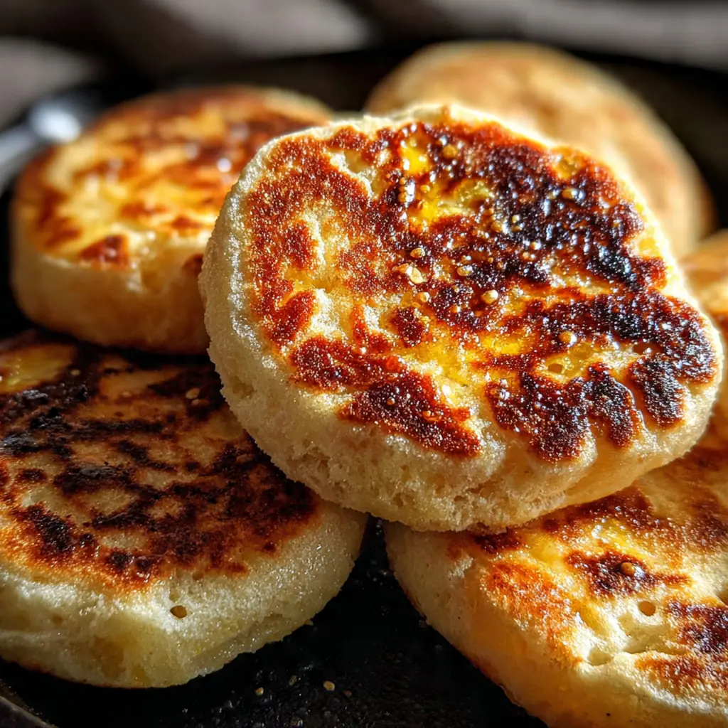 Freshly cooked sourdough crumpets with golden tops showing perfect holes ready for butter