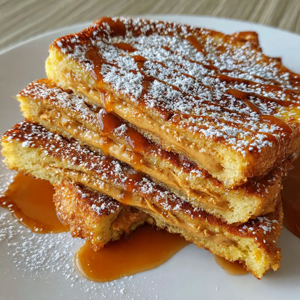 Golden crispy Hong Kong French Toast topped with melting butter and drizzled with rich syrup on a white plate