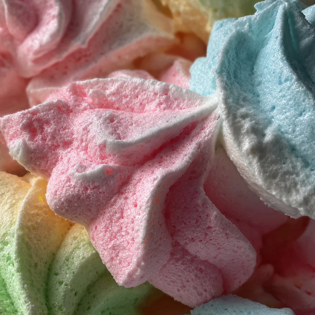 Colorful Jello meringue cookies on a baking sheet showing vibrant pastel pinks, yellows, and blues with crisp texture