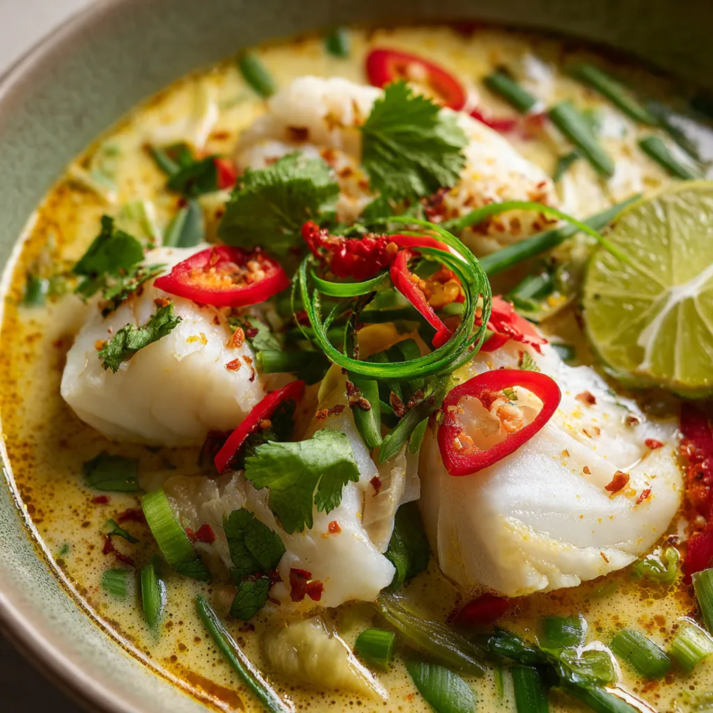 Creamy coconut lime fish soup in a white bowl, garnished with cilantro and green onions