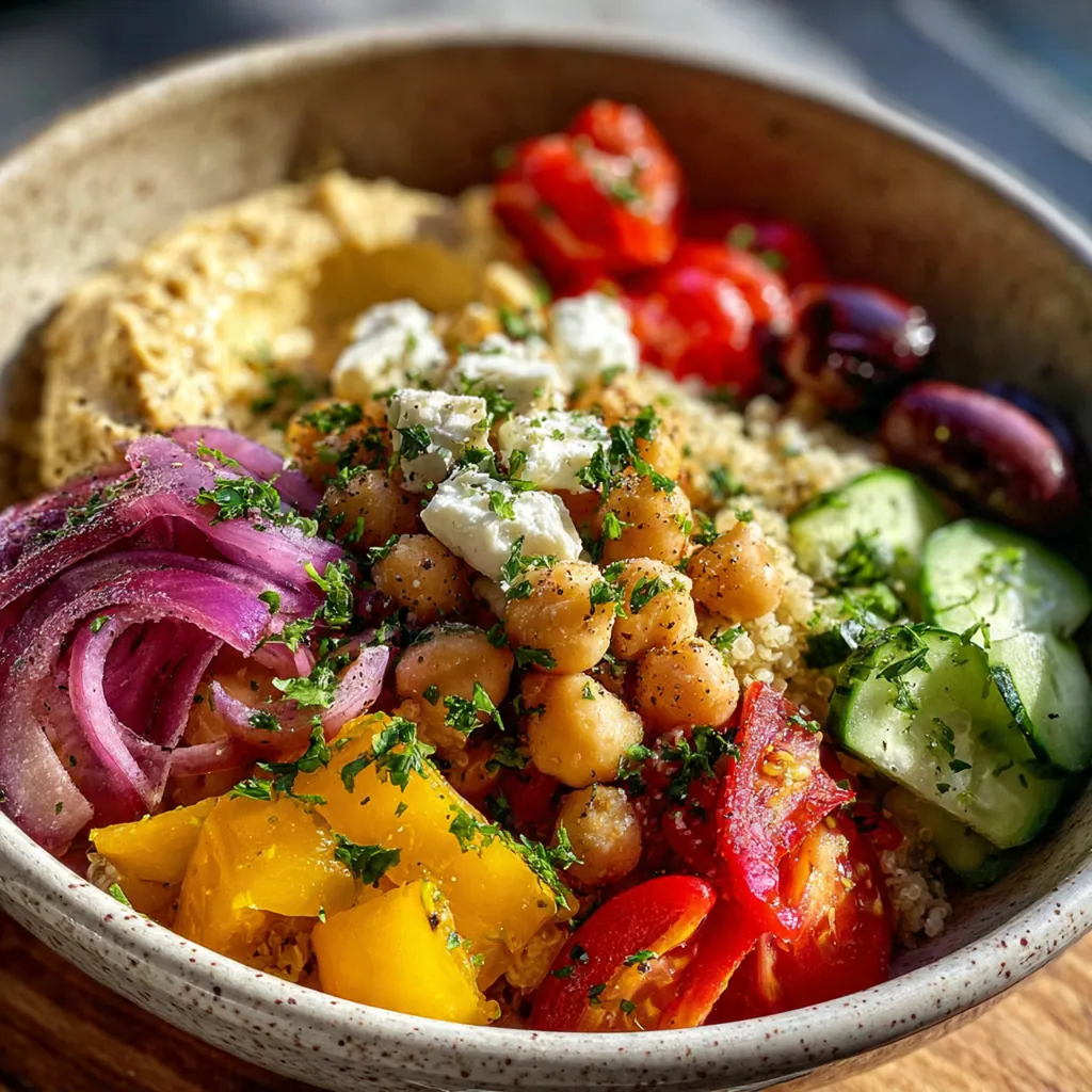 Mediterranean chickpea bowl with golden spiced chickpeas, fresh vegetables, and creamy tahini dressing