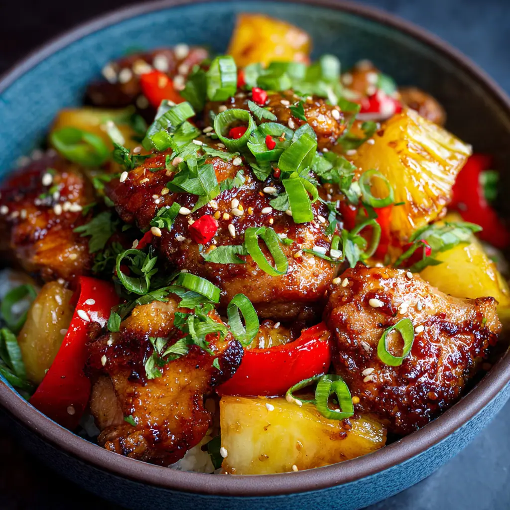 Sweet sticky pineapple chicken glazed in a glossy sauce and served over white rice with green onions