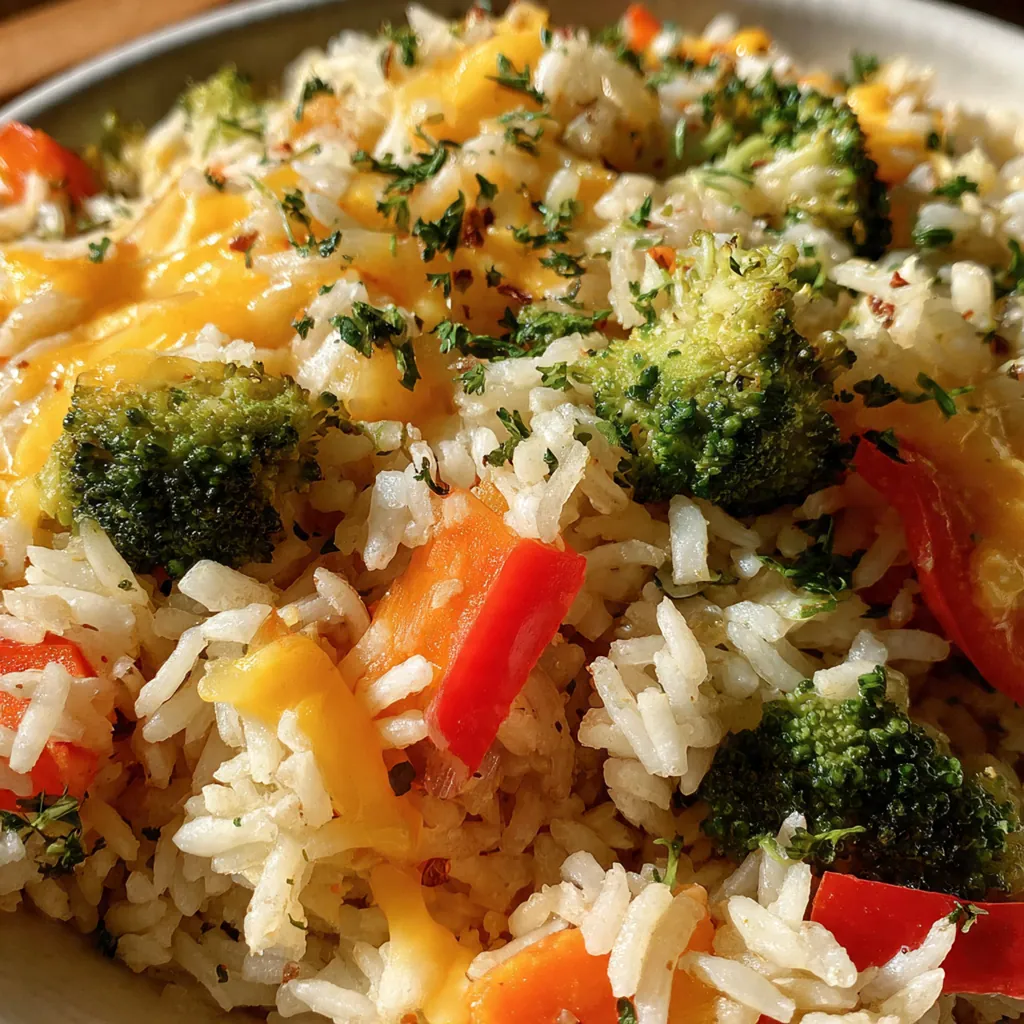 Steam rising from a pot of cheesy rice with colorful vegetables and melted cheddar