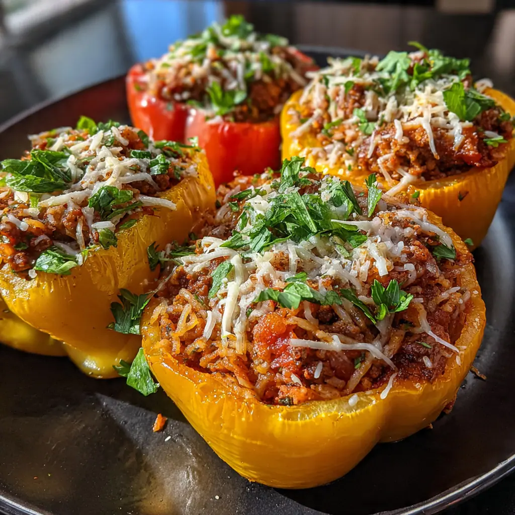 Golden baked stuffed bell peppers with melty cheese topping in a white baking dish
