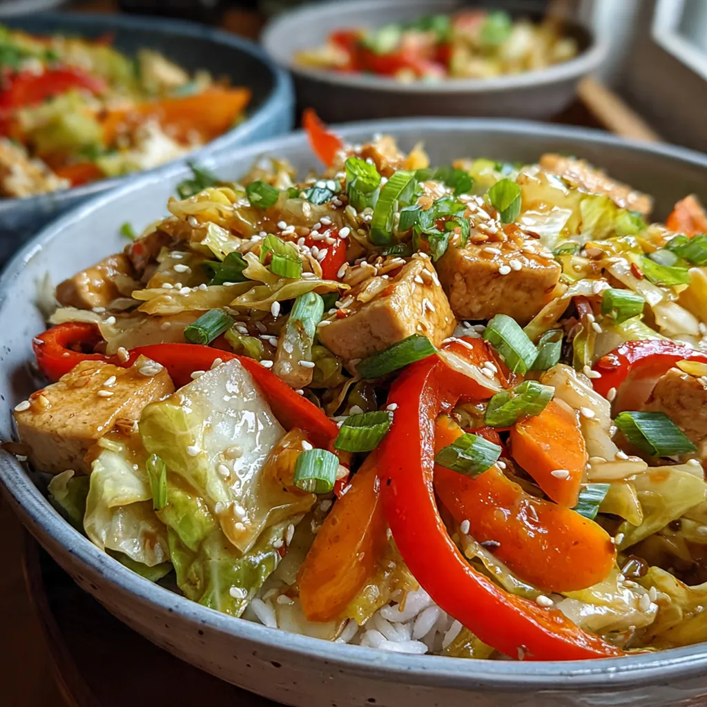 Vibrant Asian cabbage stir fry with colorful vegetables glistening in savory sauce in a hot wok