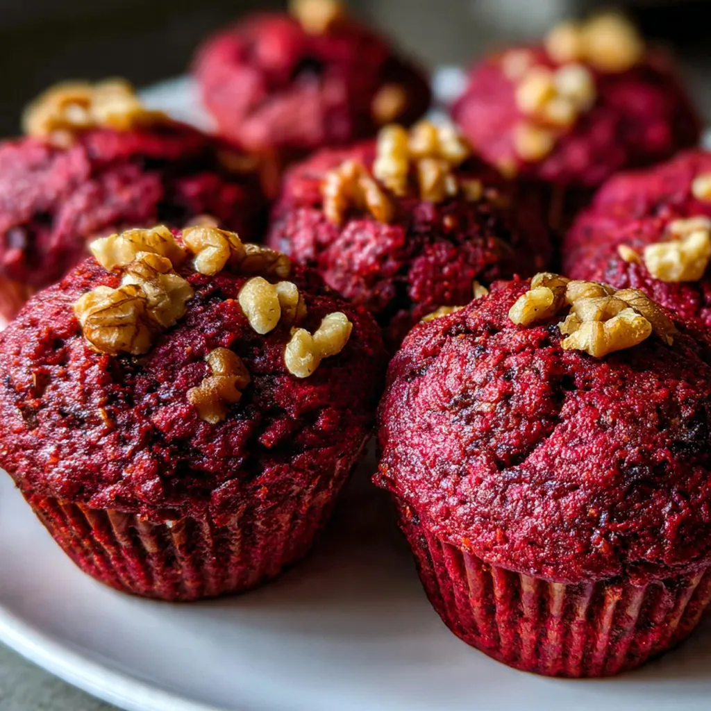 Freshly baked pink beet muffins with white chocolate chips on a rustic wooden board