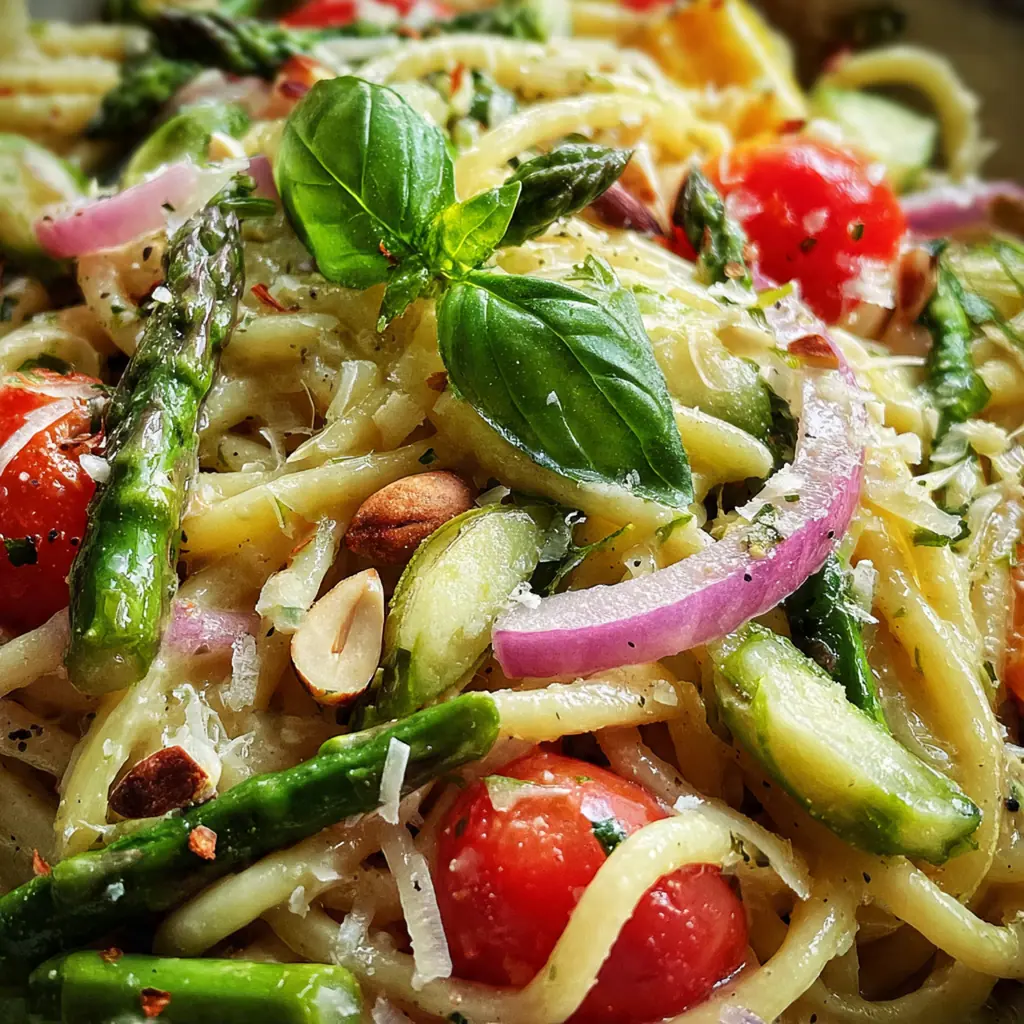 Bright asparagus pasta salad in a white bowl with cherry tomatoes and toasted pine nuts