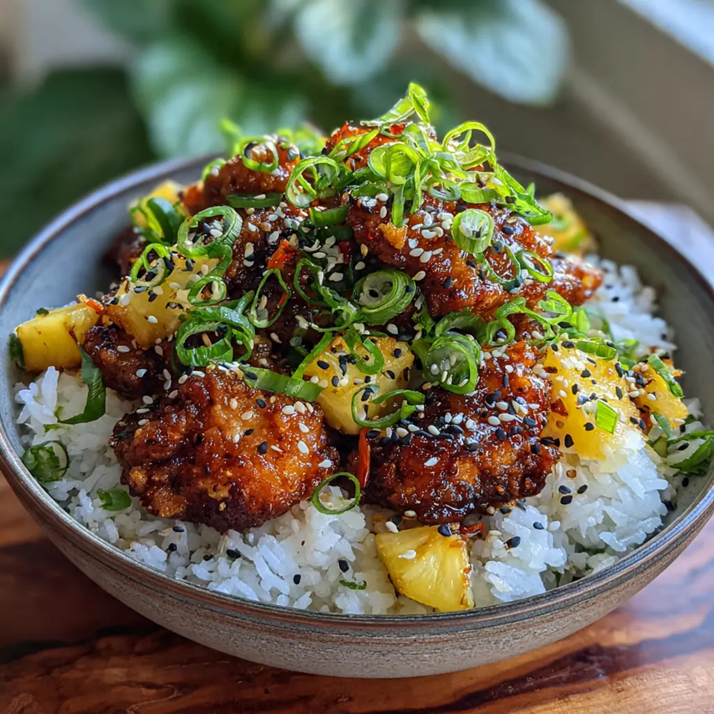 Golden crispy chicken chunks glistening with sticky sweet garlic glaze and topped with green onions