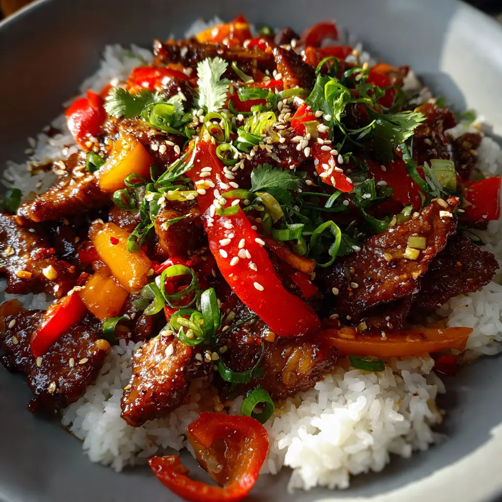 Crispy battered beef strips glistening with a glossy sweet and spicy chili sauce topped with sesame seeds