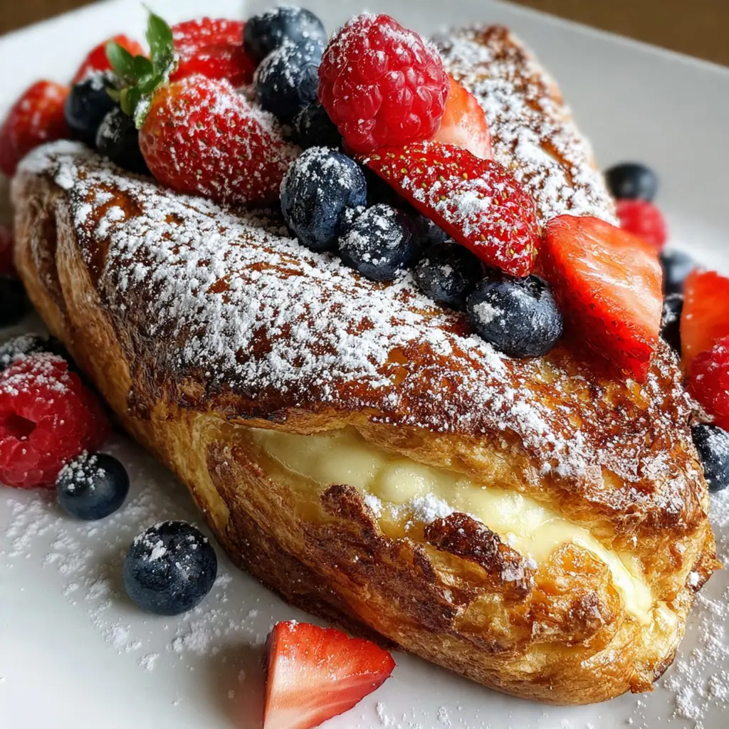A golden brown chocolate croissant french toast fresh off the skillet with melted chocolate peeking out