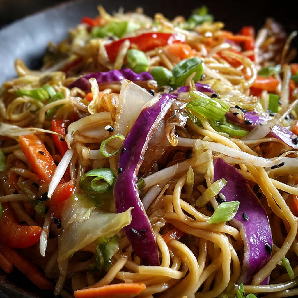 Panda Express Chow Mein in a white takeout container with glistening noodles and colorful vegetables