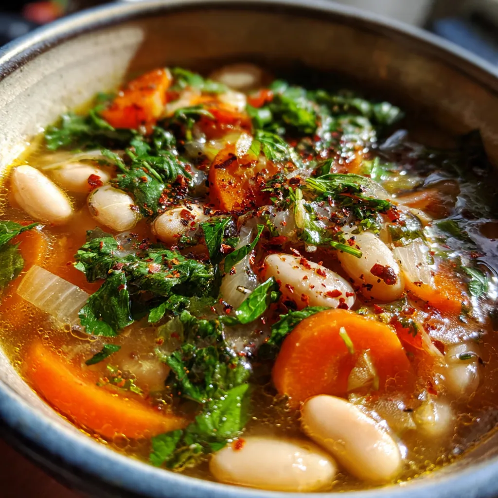 A steaming bowl of navy bean soup with tender beans, chunks of ham, and fresh parsley garnish sitting on a rustic wooden table